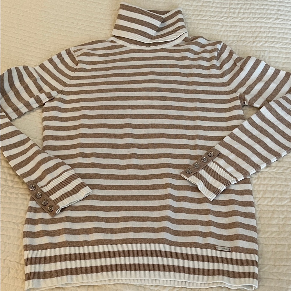 Tommy Hilfiger Sweater Turtleneck Womens Size Small Tan & White Stripe